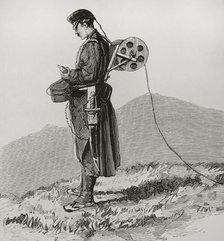 Telegraphist engineer receiving and transmitting dispatches during the march, in the Army..., 1878. Creator: Bernardo Rico.