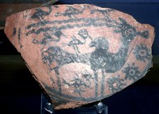 A sherd of pottery with humped bull and birds, Indus Valley, Harappa, c2600 BC. Artist: Unknown