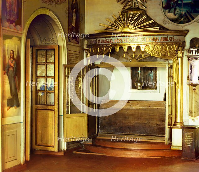 Tomb of boyar Mikhail Nikitich Romanov in the winter church in the village of Nyrob..., 1910. Creator: Sergey Mikhaylovich Prokudin-Gorsky.