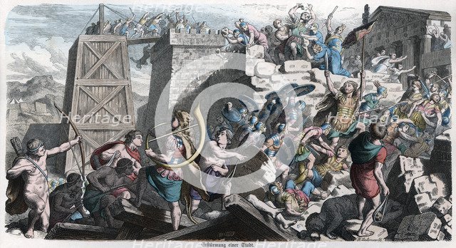 Ancient History. Rome. Romans assaulting a city. German engraving, 1865.