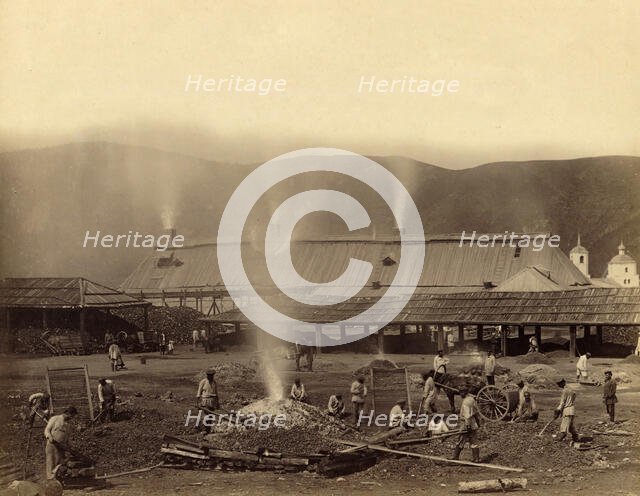 Hard Labor Convicts Roasting Ore in the Yard of the Kutomara Plant, 1891. Creator: Aleksei Kuznetsov.