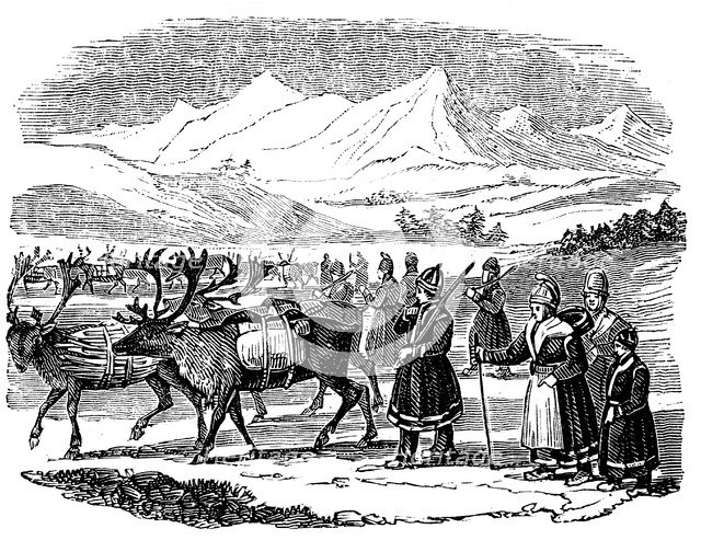 Lapps setting out on a migration with reindeer, Lapland, 1840. Artist: Unknown