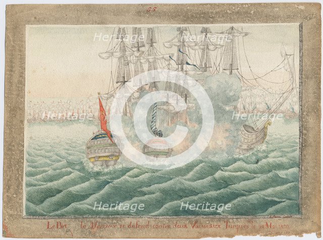 Brig Mercury fighting two Turkish ships on May 14th, 1829, 1829. Artist: Anonymous  