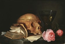 A Vanitas Still-Life with a Skull, a Book and Roses, c.1630. Creator: Jan Davidsz de Heem.