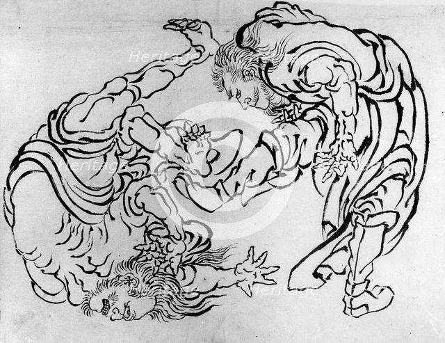 Two Wrestlers, 18th-19th century. Creator: Hokusai.