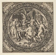 Scene with a Feast of Love in a Circle at Center, 1580-1600. Creator: Theodore de Bry.