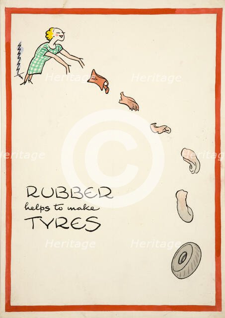 Salvage: 'Rubber helps to make tyres', World War II poster, between 1939 and 1946. Creators: Central Office of Information, Cyril Kenneth Bird.