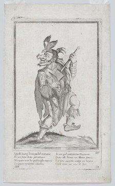 A caricature figure representing a street musician(?) with a mouse (lizard?) on his..., ca. 1640-60. Creator: Anon.