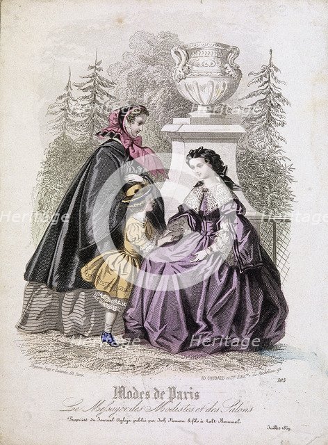 Two women and a child wearing the latest fashions in a garden setting, 1858. Artist: Anon