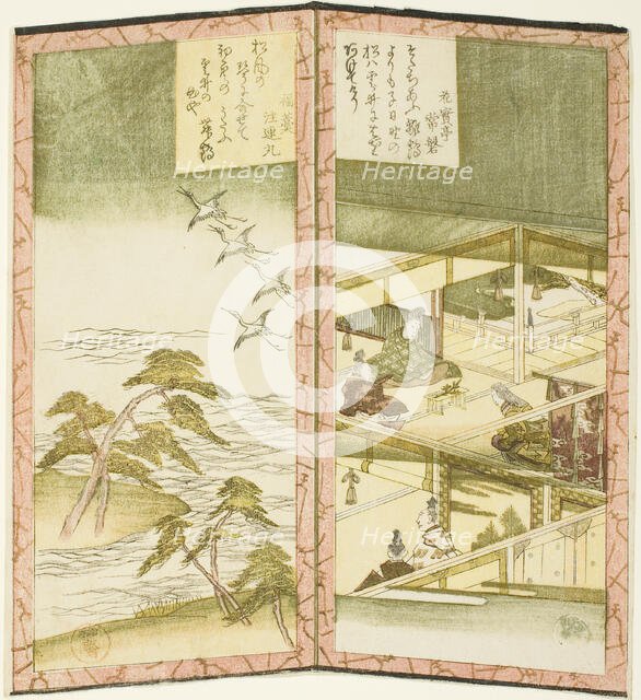 Palace interior and beach, from an untitled hexaptych depicting a pair of folding screens, c. 1825. Creator: Shinsai.