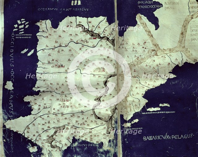  'Map of Hispania', engraving in the book 'Cosmographia', manuscript of 1456, copy of a map of Cl…