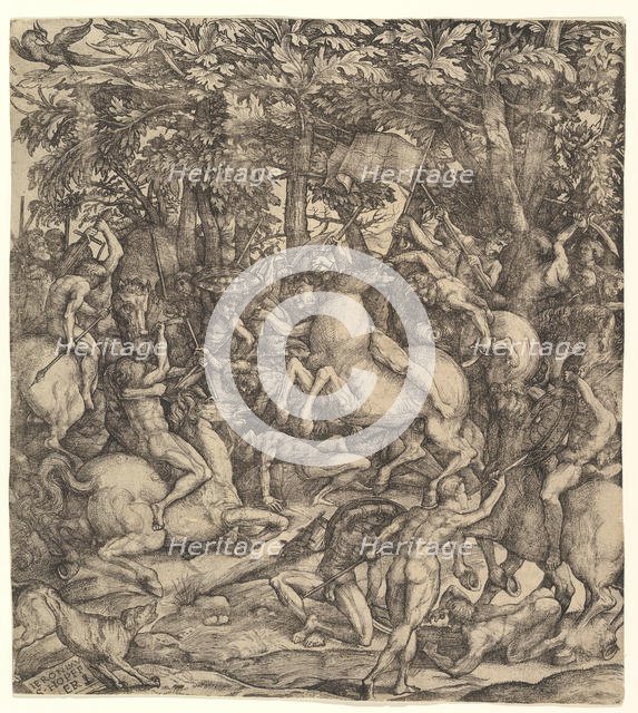 Battle between cavalry and infantry in a wood, 16th century. Creator: Hieronymus Hopfer.