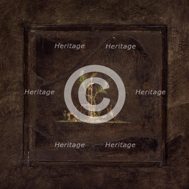 Wall painting on black ground: landscape, from the imperial villa..., 1st century B.C. Creator: Unknown.