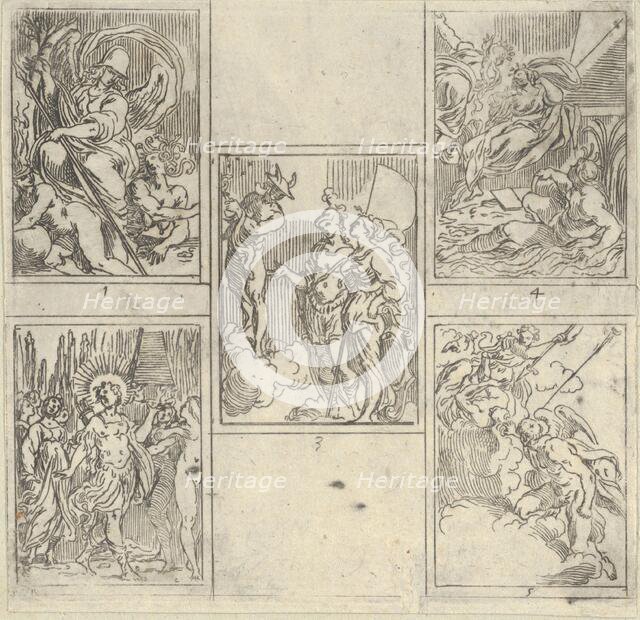 Five numbered scenes, each after a painter in the Accademia Degl'Incamminati, from IL FUNE..., 1603. Creator: Guido Reni.