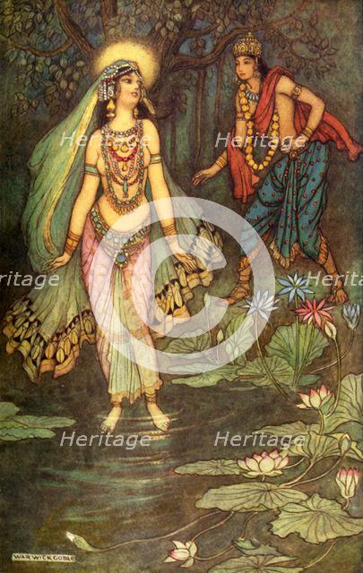 'Shantanu Meets the Goddess Ganga', 1913. Creator: Warwick Goble.