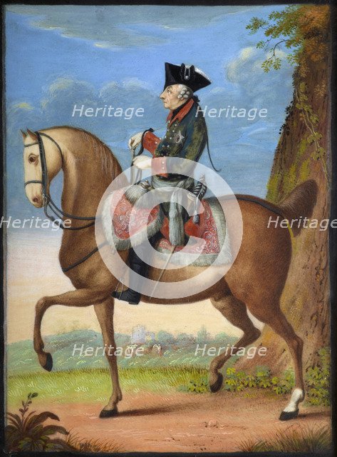 Portrait of Frederick II of Prussia (1712-1786) on horseback, 1777. Creator: Chodowiecki, Daniel Nikolaus (1726-1801).