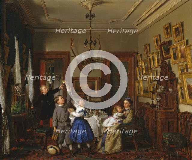 The Contest for the Bouquet: The Family of Robert Gordon in Their New York Dining-Room, 1866. Creator: Seymour Joseph Guy.