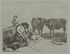 Sleeping Shepherd, Two Calves, and a Peasant Woman, 1762/1763. Creator: Francesco Londonio.