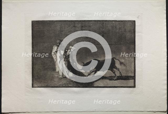 Bullfights: The Moors Make a Different Play in the Ring Calling the Bull with the Burnous, 1876. Creator: Francisco de Goya (Spanish, 1746-1828).