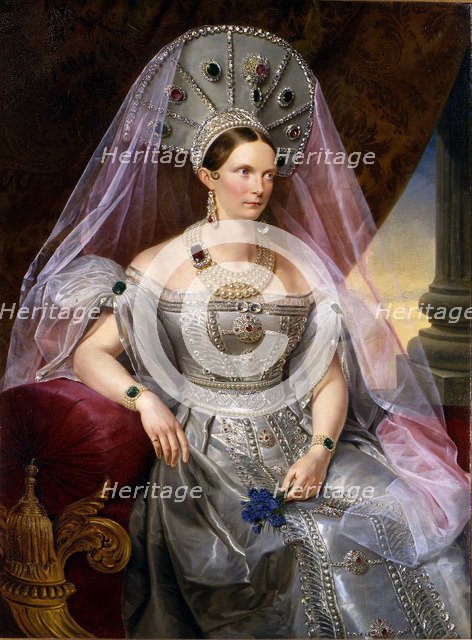 Portrait of Empress Alexandra Fyodorovna (Charlotte of Prussia), in kokoshnik, ca 1836. Artist: Krüger, Franz (1797-1857)