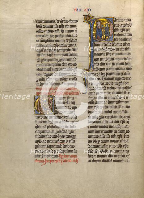 Initial P: Saint Paul Giving a Book to a Messenger; Concluding Volume of a Bible, about 1260-1270. Creator: Unknown.