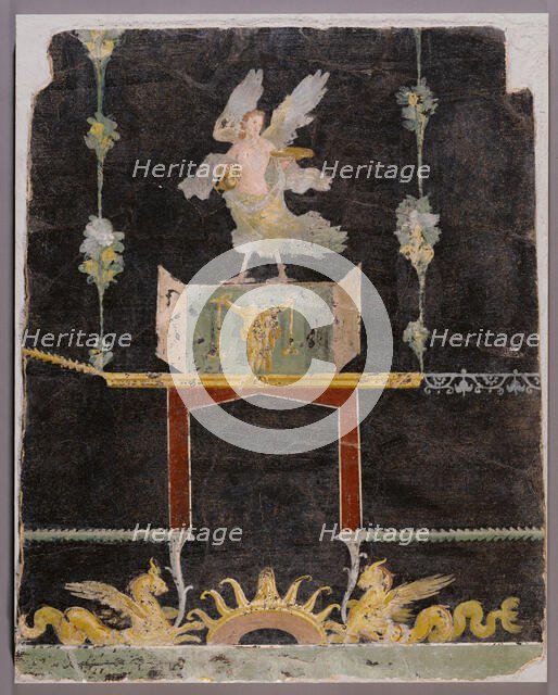 Wall fragment with Siren, Sea Monsters and Niche on Black Ground, A.D. 50-79. Creator: Unknown.