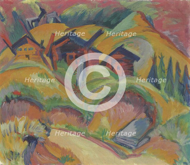 Three Huts on the Hill (Red Huts), 1919. Creator: Kirchner, Ernst Ludwig (1880-1938).
