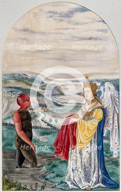 A black man with a red head and right arm emerges from a foul stream into a landscape..., 1900-1909. Creator: Edith Annie Ibbs.