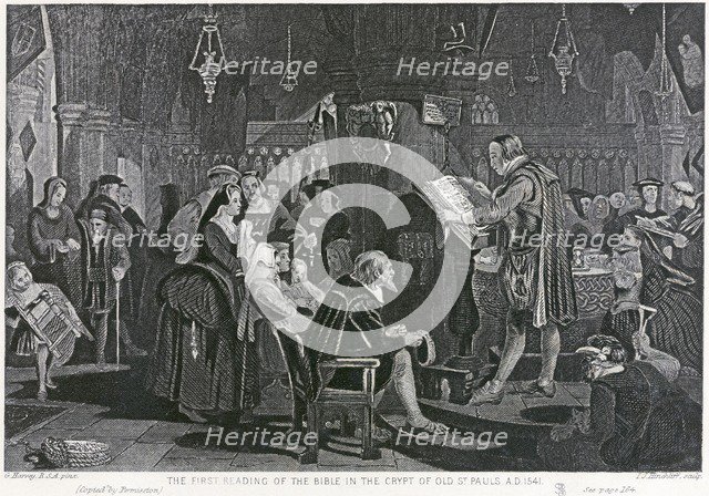 First bible reading in the crypt of old St Paul's Cathedral, London, 1541 (19th century). Artist: Unknown.