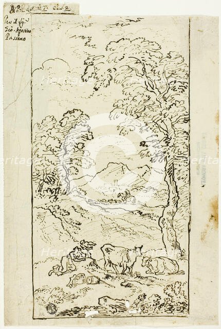 Hilly Landscape with Cows and Shepherds in Foreground, n.d. Creator: Carlo Antonio Tavella.