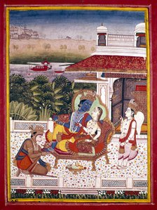 Indian miniature showing Krishna and a princess on a couch, 18th century. Artist: Unknown
