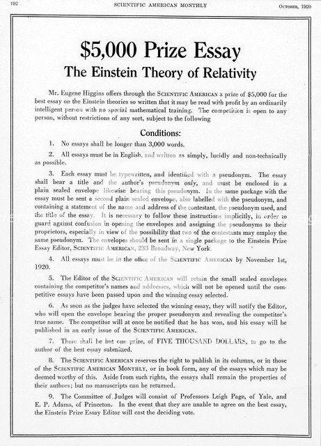 Prize offered in Scientific American, October 1920, for an essay on Einstein's theory of relativity. Artist: Unknown