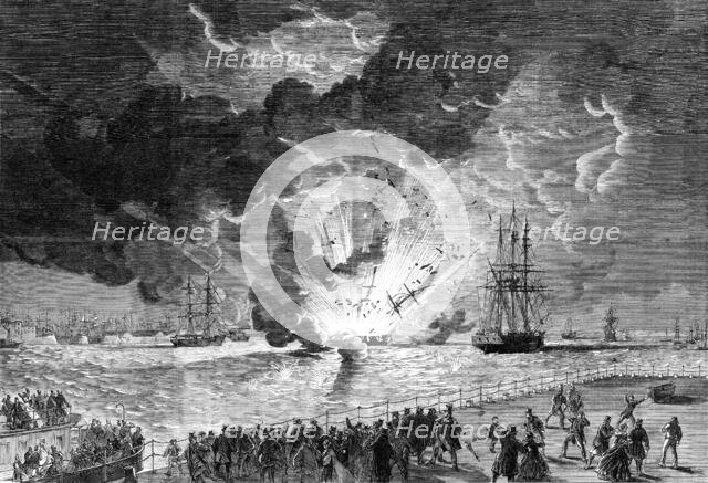 Explosion on board the barque Lottie Sleigh, laden with gunpowder, in the Mersey..., 1864. Creator: Unknown.