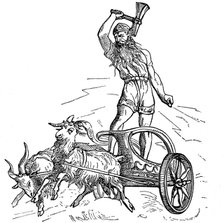 Thor riding in chariot drawn by goats and wielding his hammer. Artist: Unknown