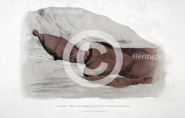 Colossal head Discovered in the Ruins of Carnak by G Belzoni, 1820. Artist: Agostino Aglio