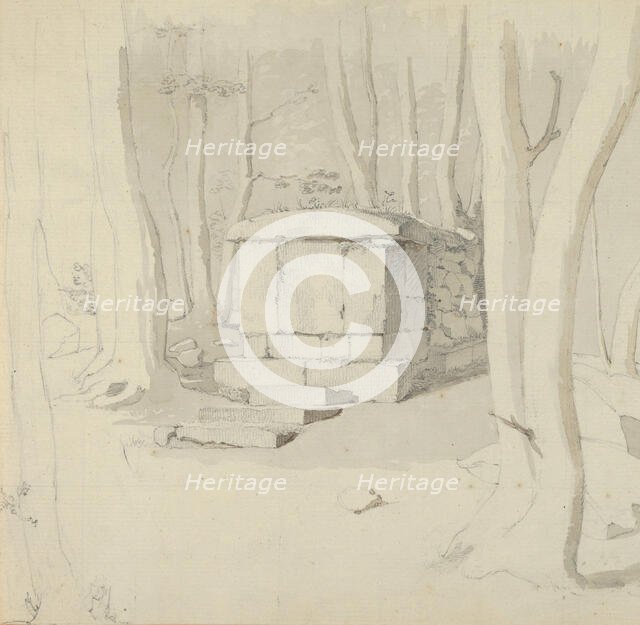 A Stone Tomb in a Forest; verso: Study of a Flower, 1830. Creator: Christen Købke.