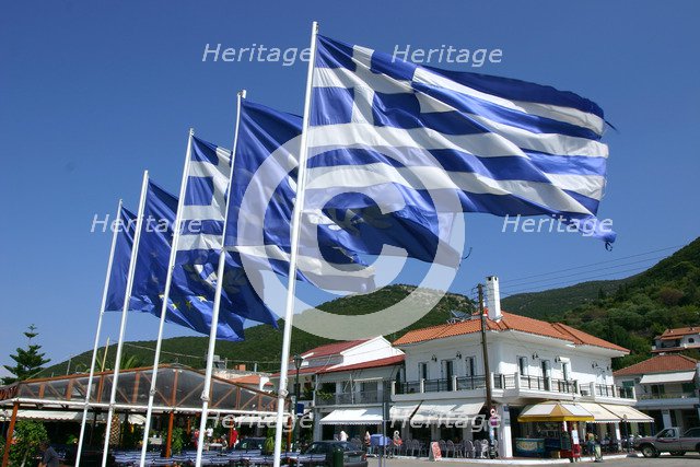 Flags on the quayside, Sami, Kefalonia, Greece