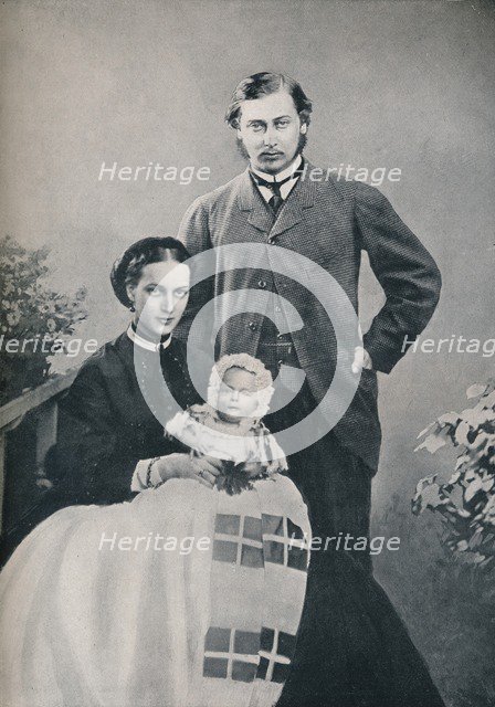 The Prince and Princess of Wales with the infant Prince Albert Victor, 1864 (1910). Creator: Vernon Heath.