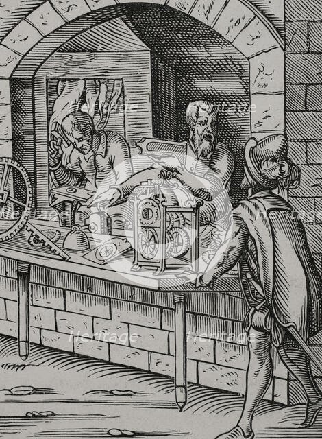 Watchmaker workshop, 16th century (1877). Creator: Jost Ammon.