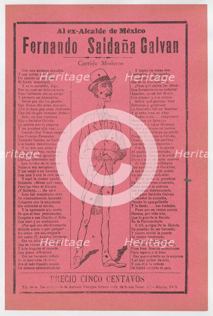 Broadsheet relating to the ex mayor of Mexico, Fernando Saldaña Galvan, wh..., ca. 1920 (published). Creator: José Guadalupe Posada.