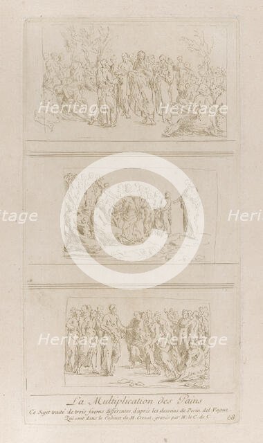 Three separate studies for the miracles of the loaves, showing Christ standing in d..., ca. 1729-40. Creator: Caylus, Anne-Claude-Philippe de.
