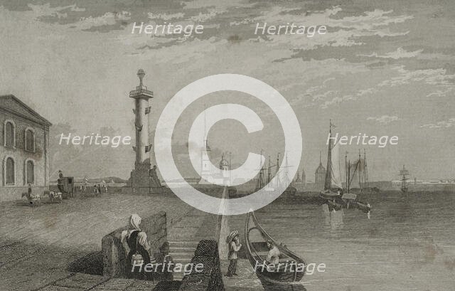 Rostral Column next to the River Neva, Saint Petersburg, Russia, 1839. Creator: Samuel Cholet.