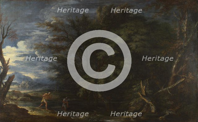 Landscape with Mercury and the Dishonest Woodman, ca 1663. Creator: Rosa, Salvatore (1615-1673).