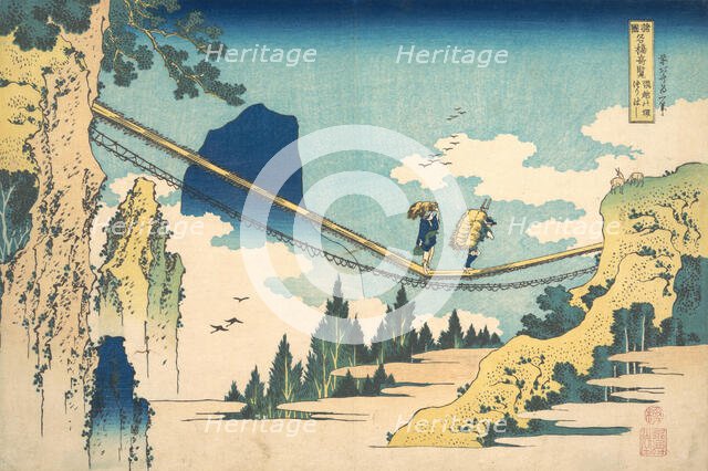 The Suspension Bridge on the Border of Hida and Etchu Provinces (Hietsu no sakai tsuri..., ca. 1830. Creator: Hokusai.
