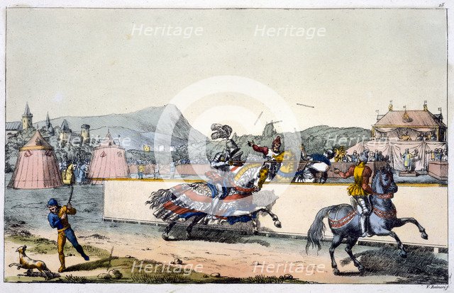 Knights jousting at a tournament, 19th century. Artist: Unknown
