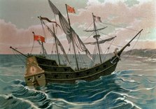 Discovery of America. The caravel 'Santa Maria' arriving to the coasts of the New World on 12 Oct…