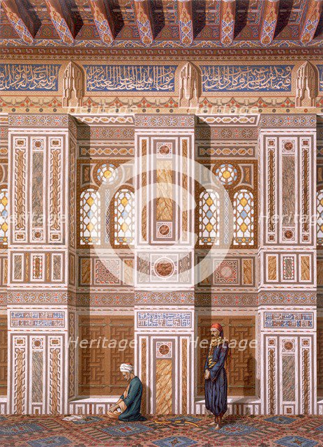 Cairo: Interior of the Mosque of Qaitbay; worshippers pray next to wall niches, or Mihrabs, pub. 187 Creator: Emile Prisse d'Avennes (1807-79).