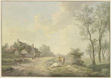 Four cows by a path near farmhouses, 1803. Creator: Abraham Teerlink.