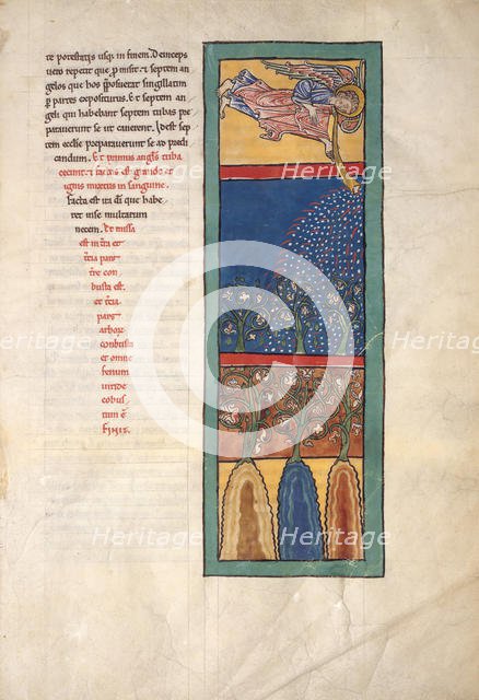 Leaf from a Beatus Manuscript: the First Angel Sounds the Trumpet..., ca. 1180. Creator: Unknown.
