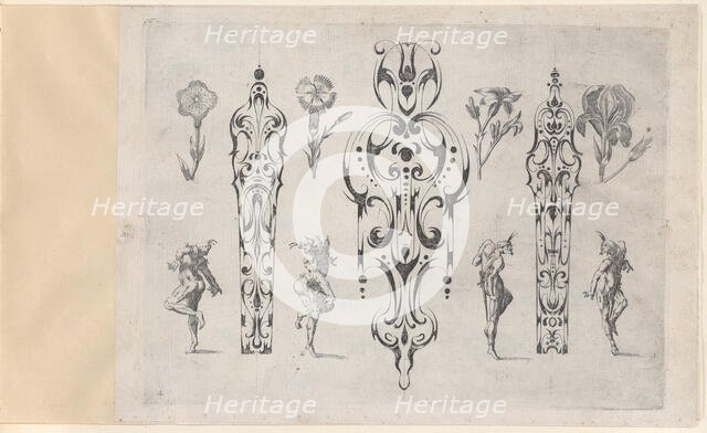 Blackwork Designs with Flowers and Commedia dell'Arte Figures, Plate 4 from a Series..., after 1622. Creator: Meinert Gelijs.